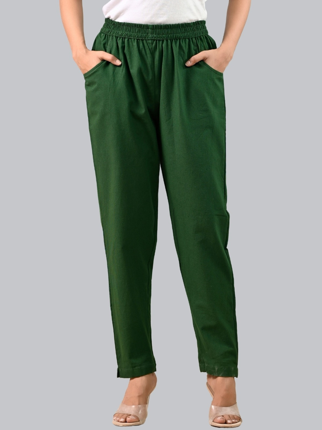 Image of clugenix Women Slim Fit Dark Green Cotton Blend Trousers