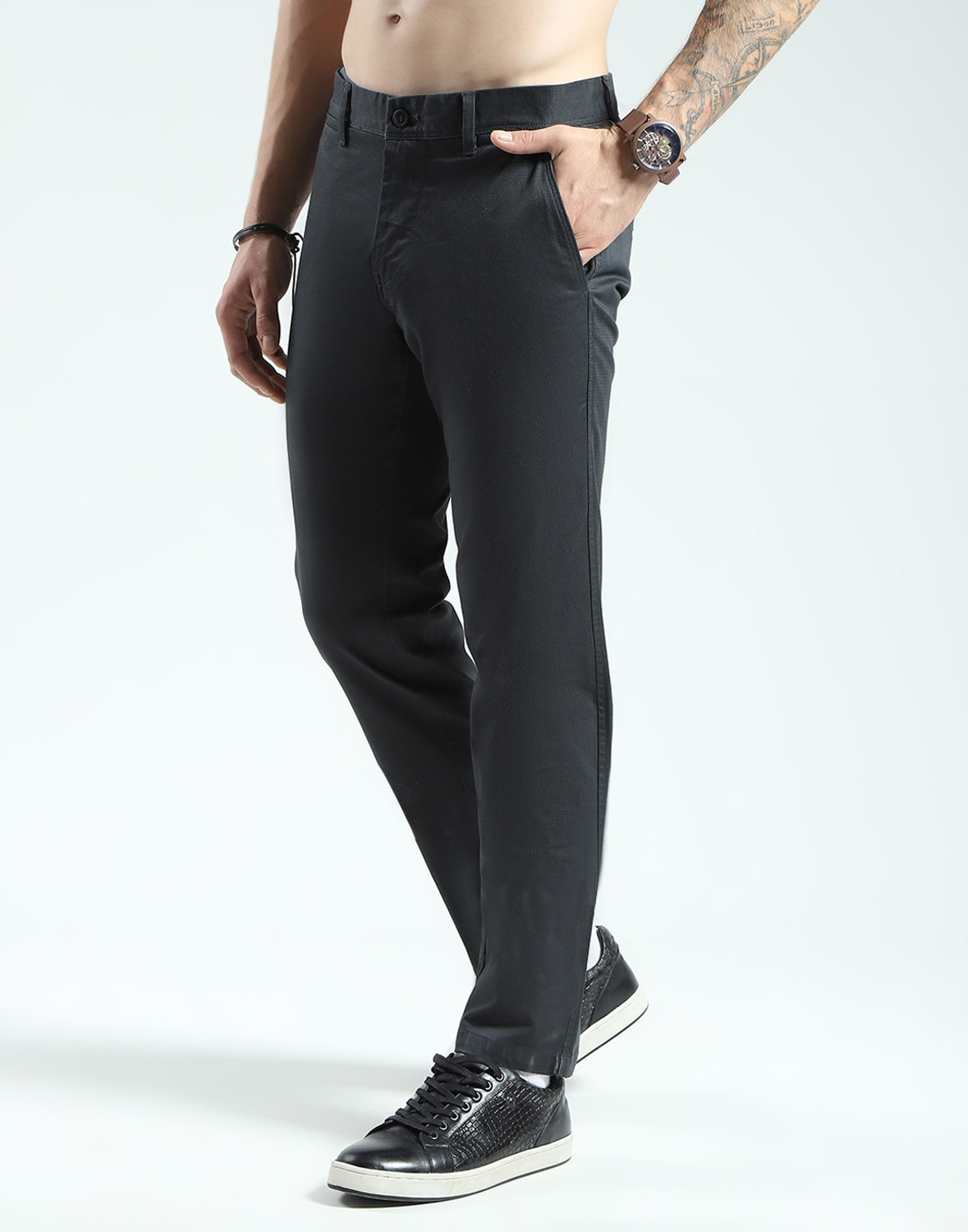 Image of MONTE CARLO Men Slim Fit Grey Cotton Blend Trousers