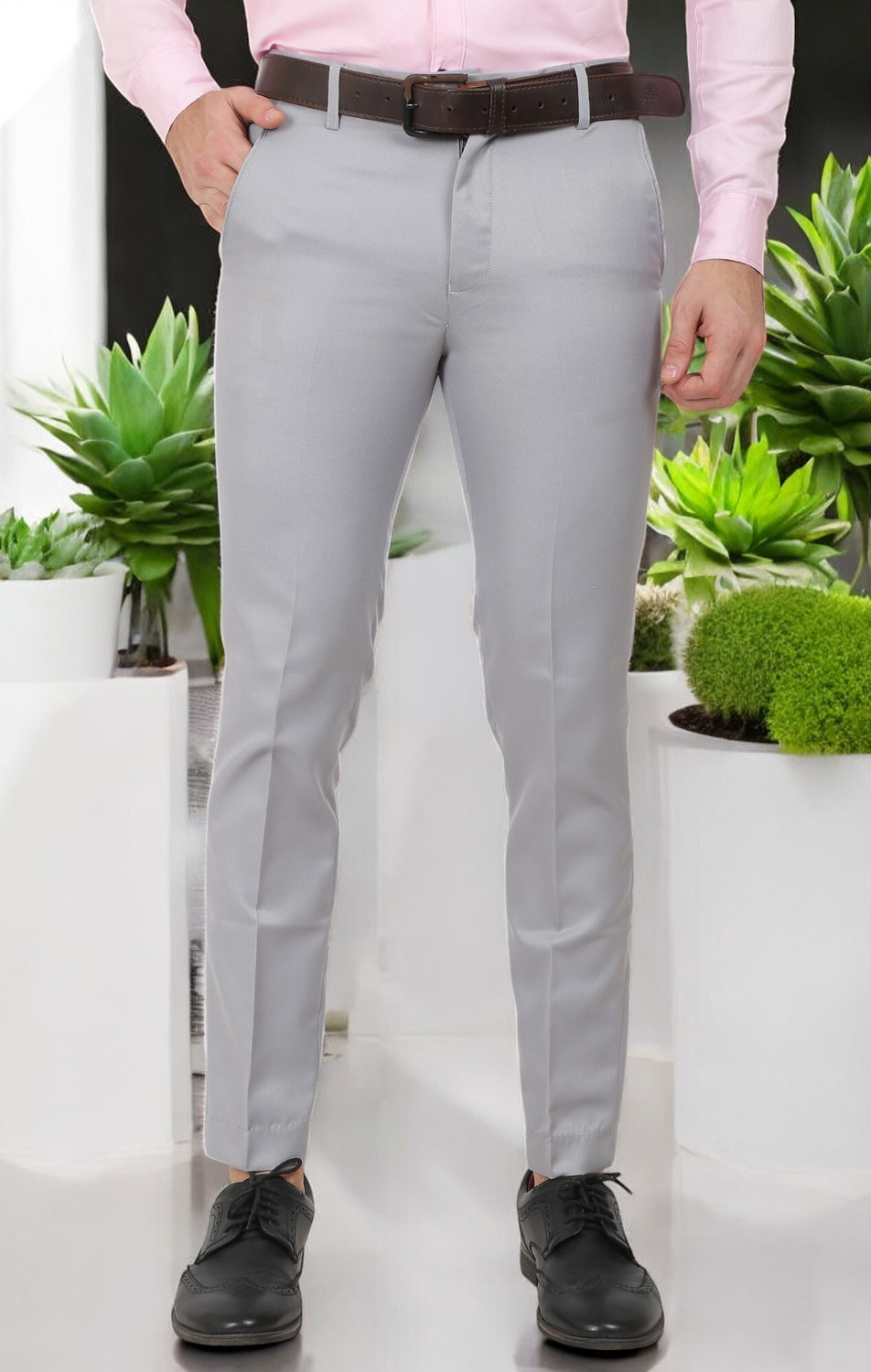 Image of Hoomu Men Regular Fit Beige Cotton Blend Trousers