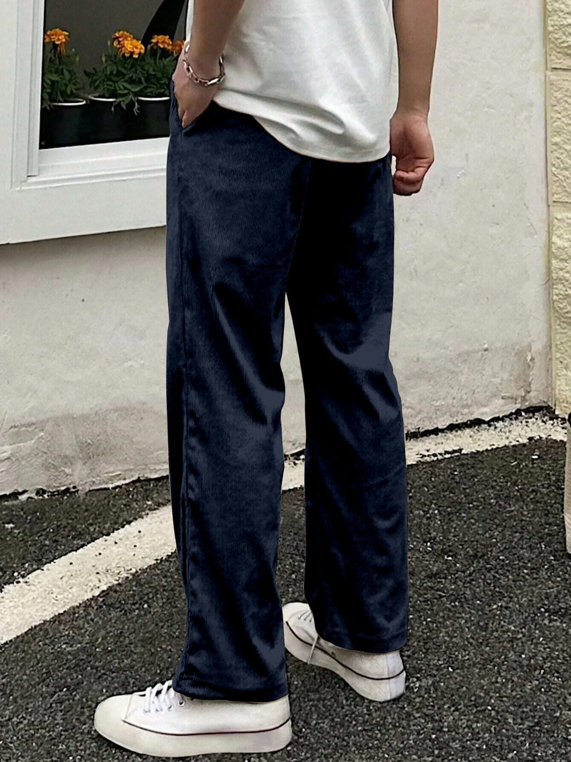 Image of COMBRAIDED Men Loose Fit Blue Corduroy Trousers