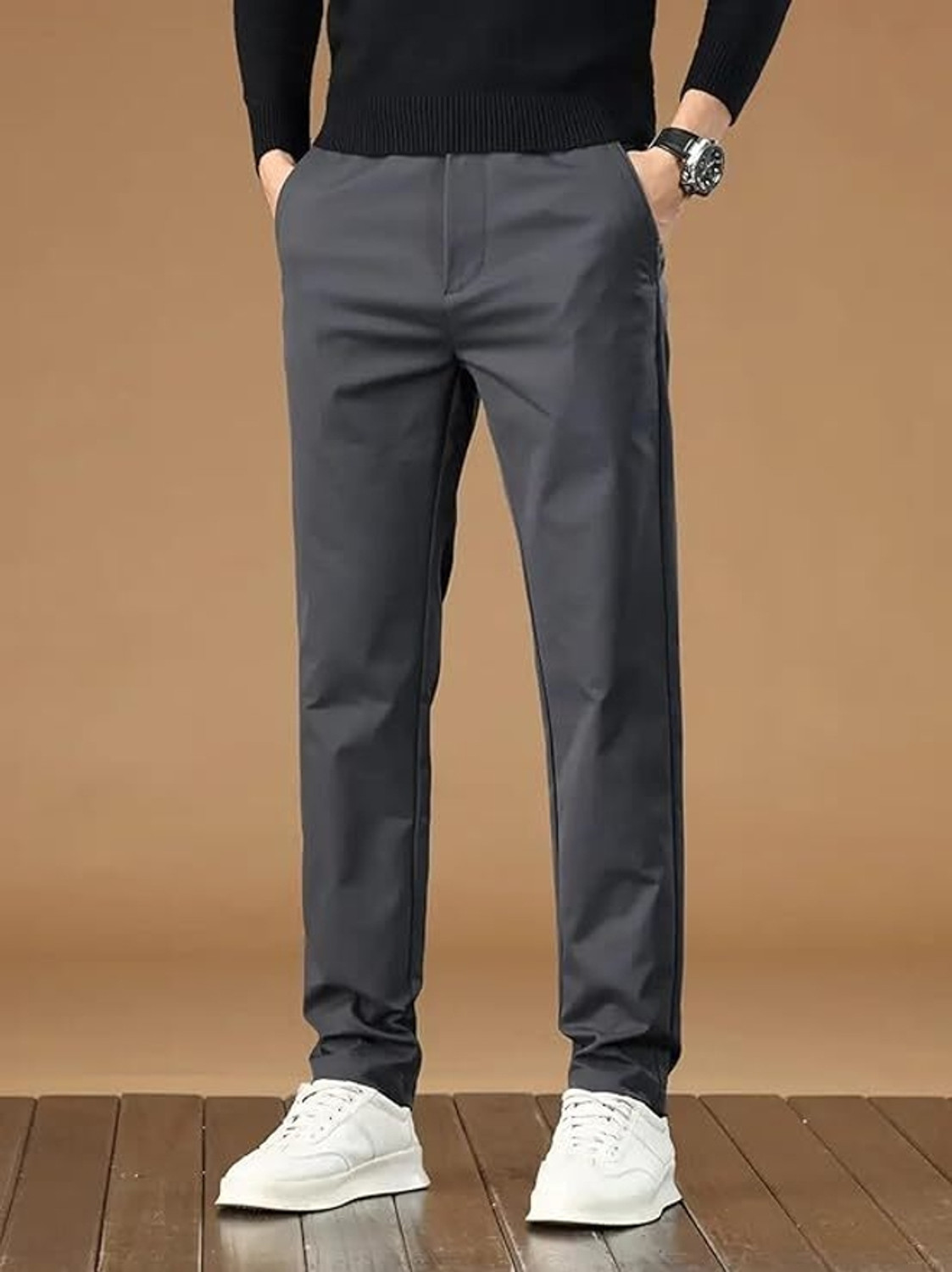 Image of PROVOGUE Men Slim Fit Grey Pure Cotton Trousers