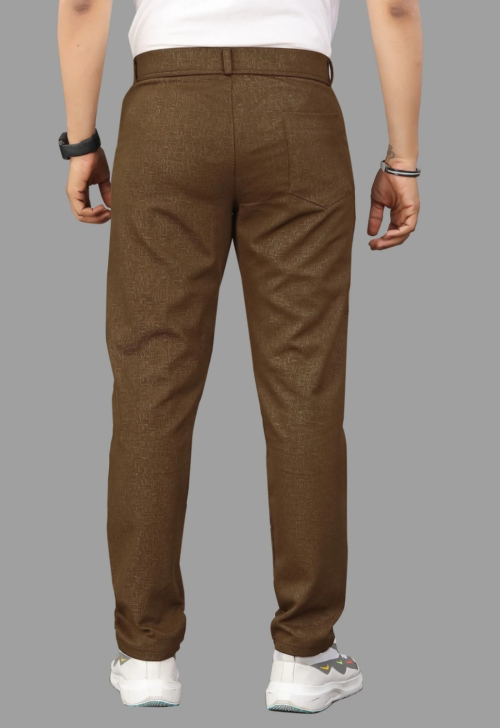 Image of COMBRAIDED Men Slim Fit Brown, White Lycra Blend Trousers