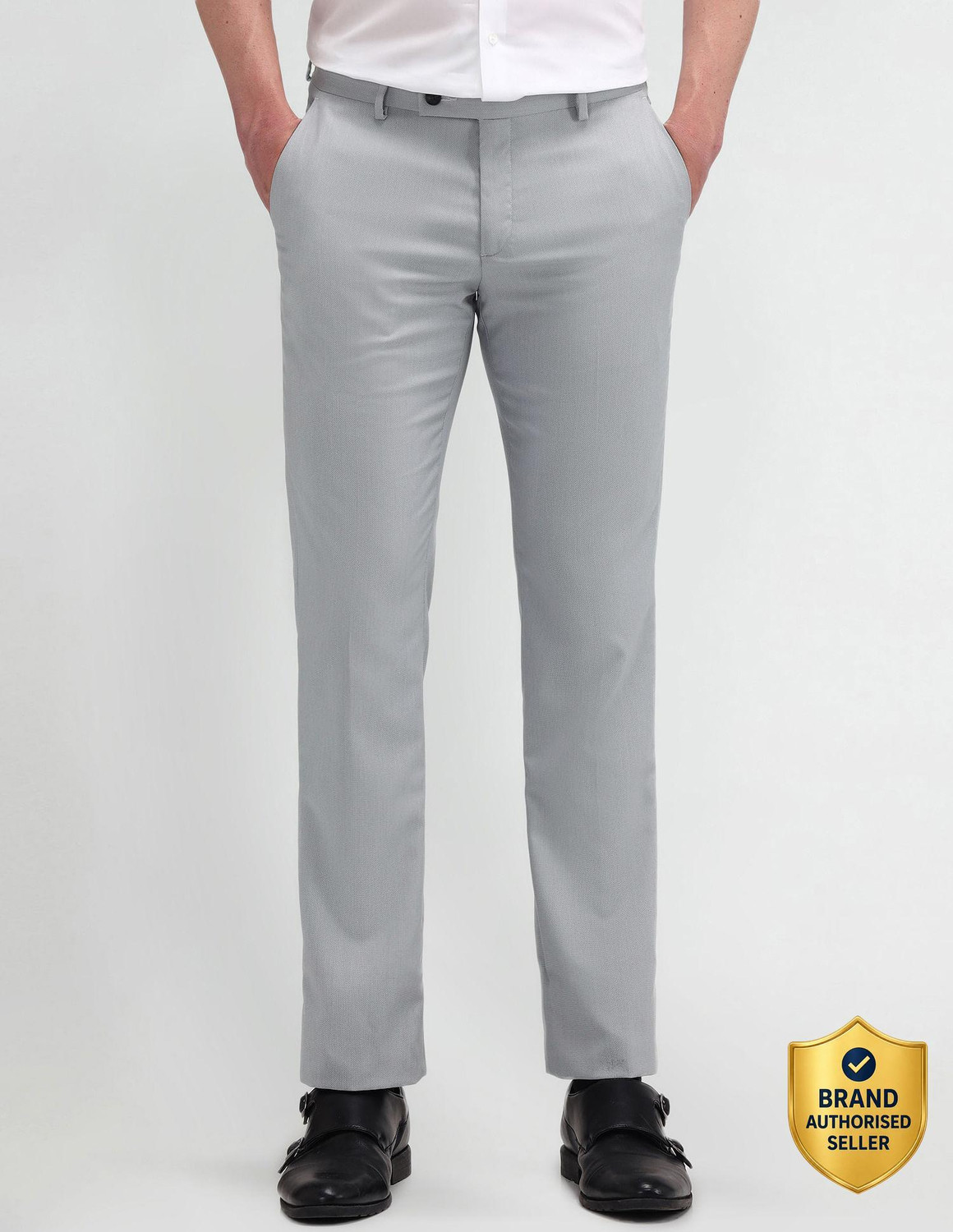 Image of Arrow Newyork Men Slim Fit Grey Polyester Trousers