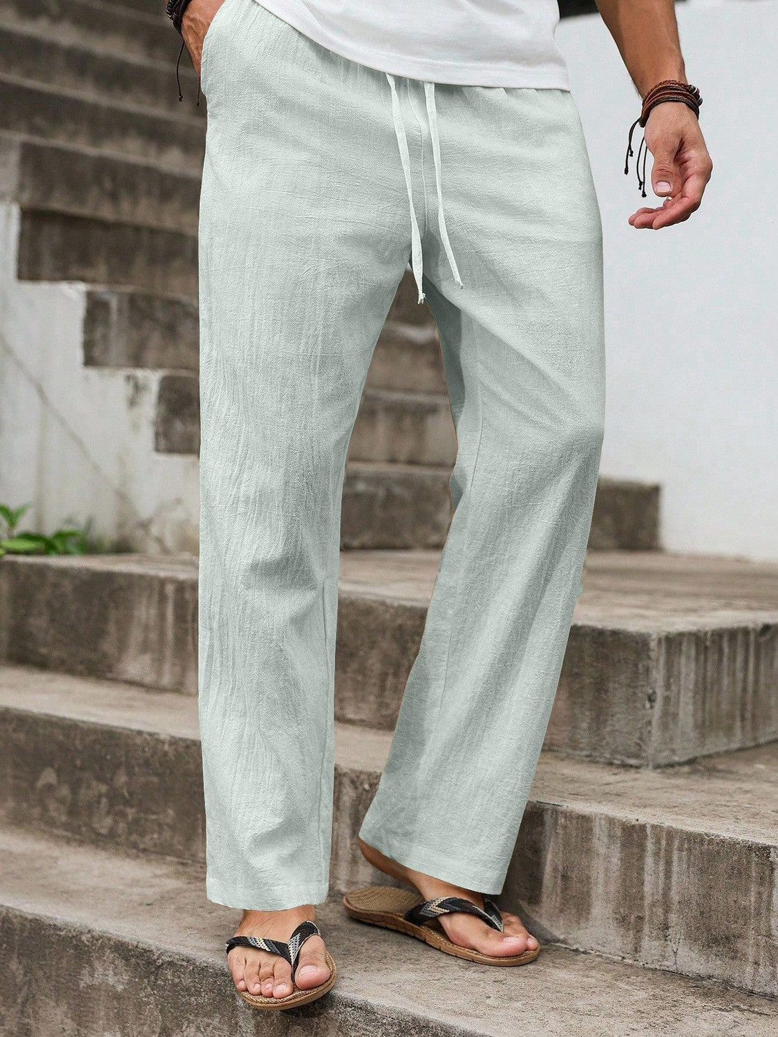 Image of AARTENTERPRISE Men Regular Fit White Linen Blend Trousers