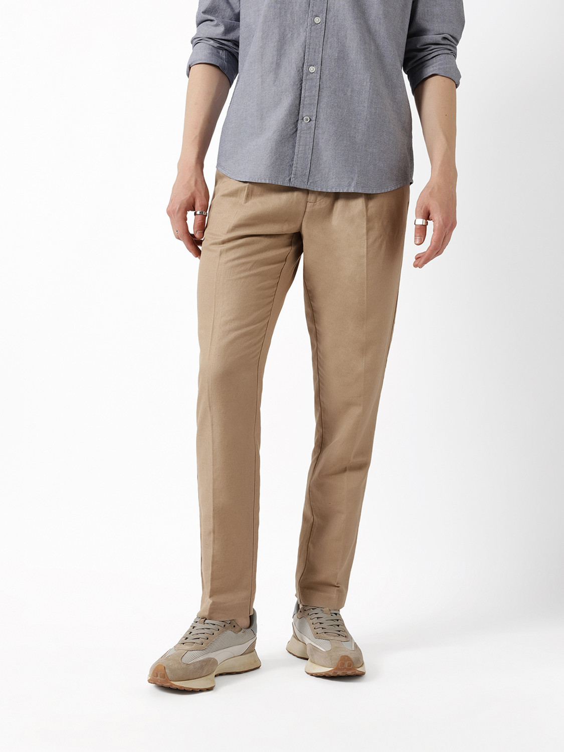Image of THE BEAR HOUSE Men Slim Fit Grey Polyester Trousers