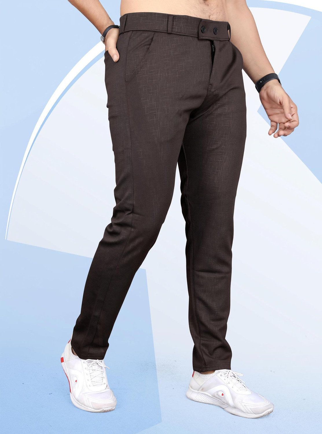 Image of COMBRAIDED Men Slim Fit Brown, White Lycra Blend Trousers