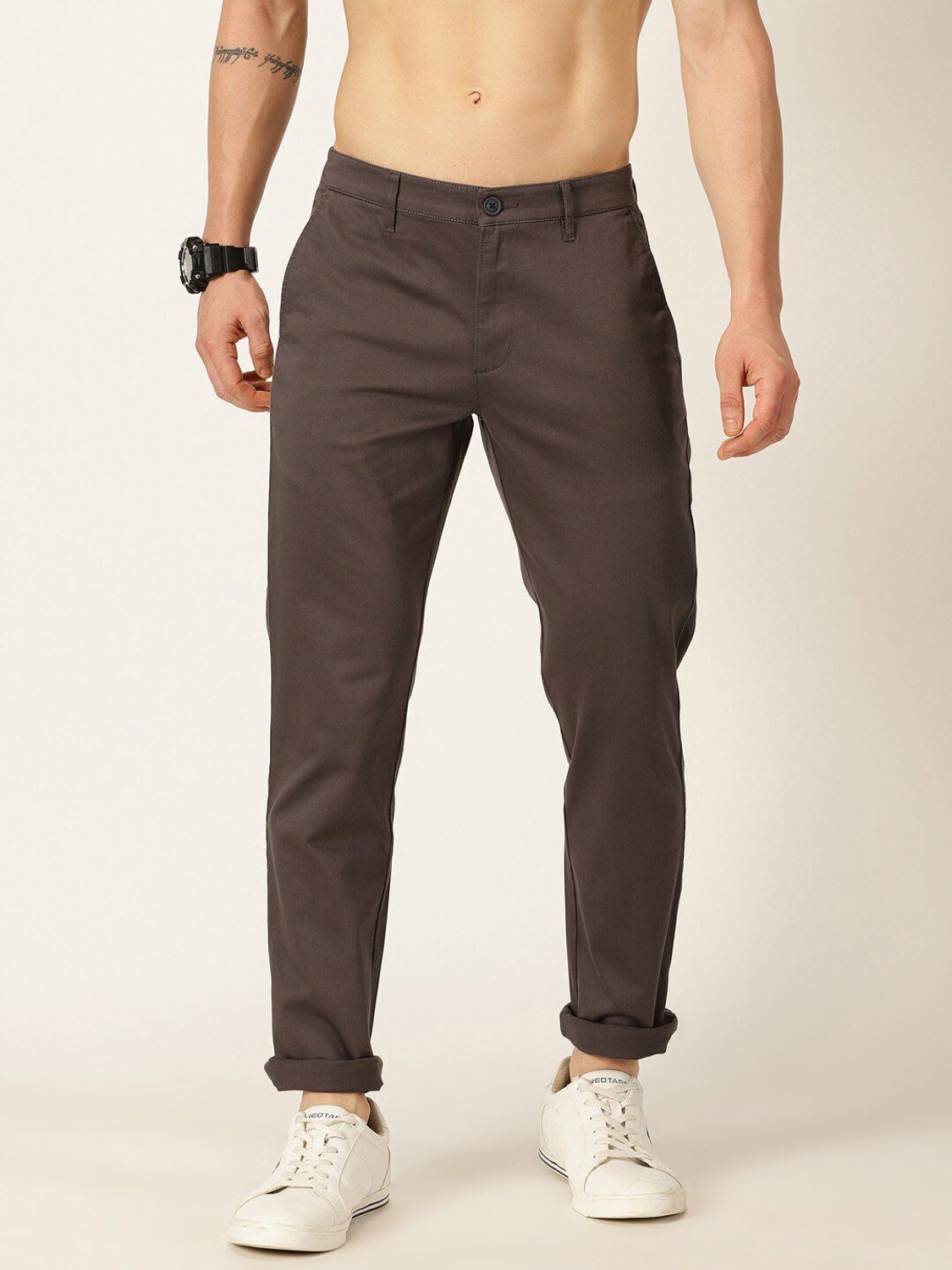 Image of Mast & Harbour Men Regular Fit White Cotton Blend Trousers