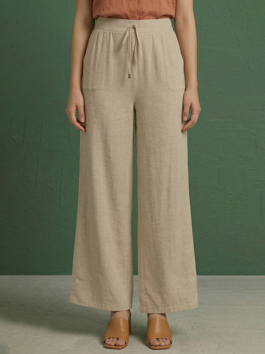 Image of RichWear Women Relaxed, Comfort Fit Cream Linen Blend Trousers