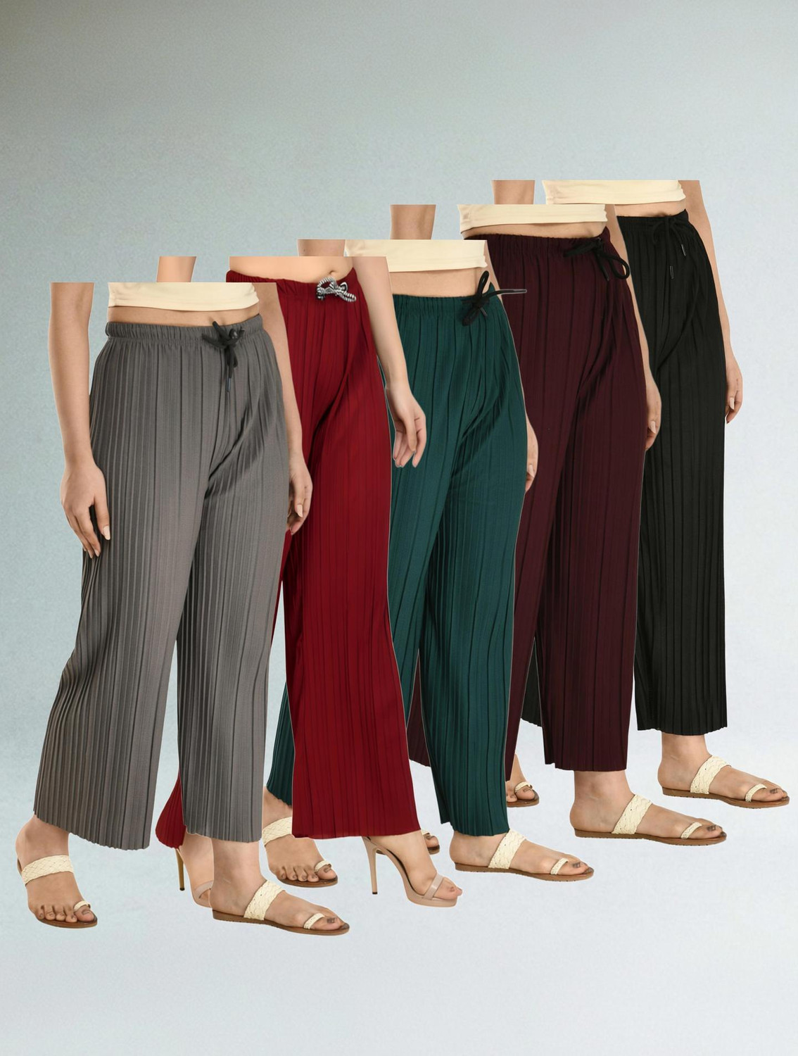 Image of SARA COLLECTION Pack of 3 Women Loose Fit Multicolor Lycra Blend Trousers