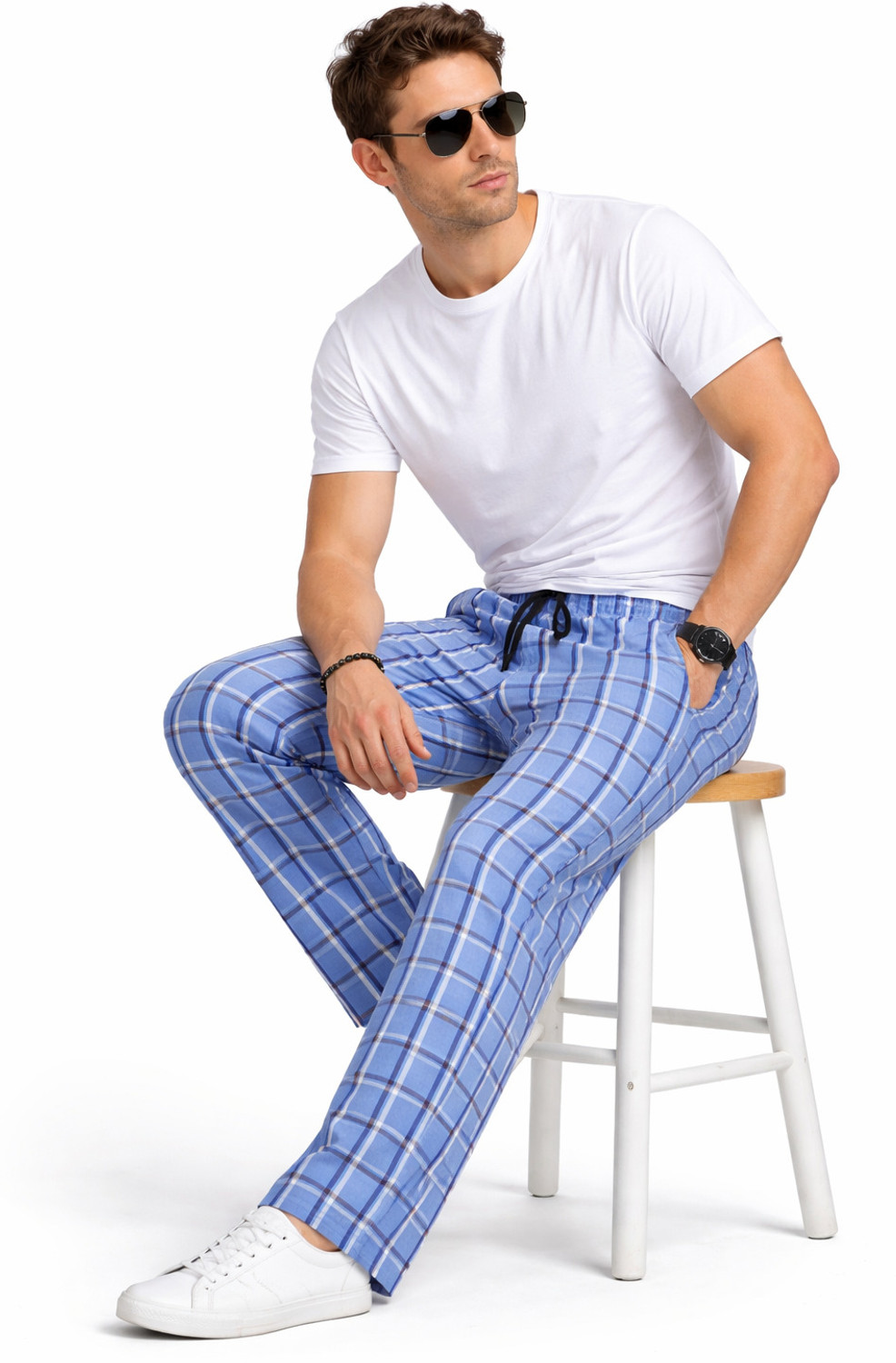 Image of Shamzah Men Regular Fit Light Blue Polycotton Trousers