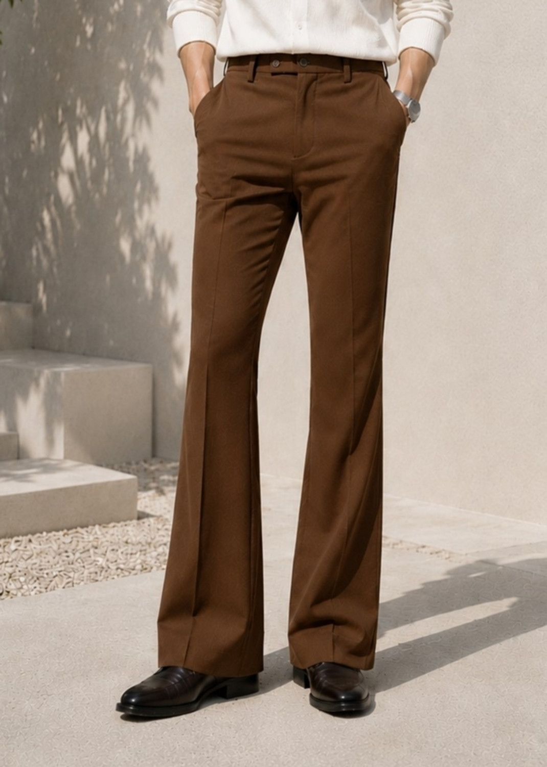 ShopVillaa Men Flared Brown Cotton Blend Trousers - Image 1