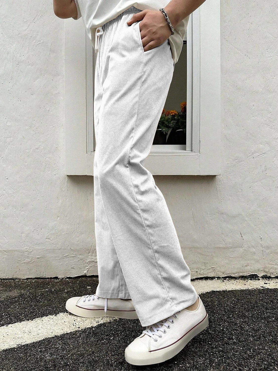 Image of COMBRAIDED Men Loose Fit Grey Corduroy Trousers