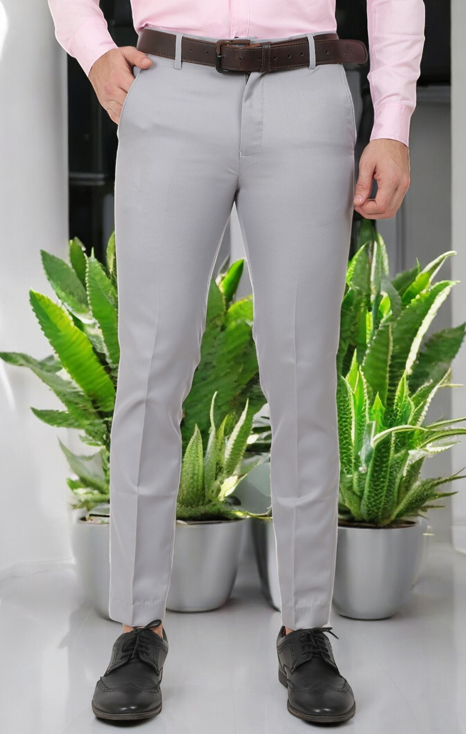 Image of Hoomu Men Regular Fit Beige Cotton Blend Trousers