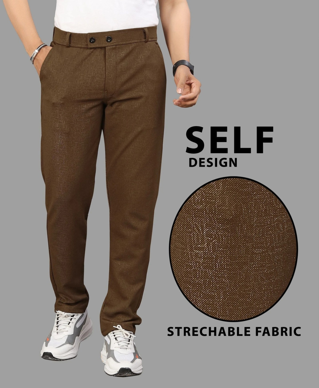 Image of COMBRAIDED Men Slim Fit Brown, White Lycra Blend Trousers