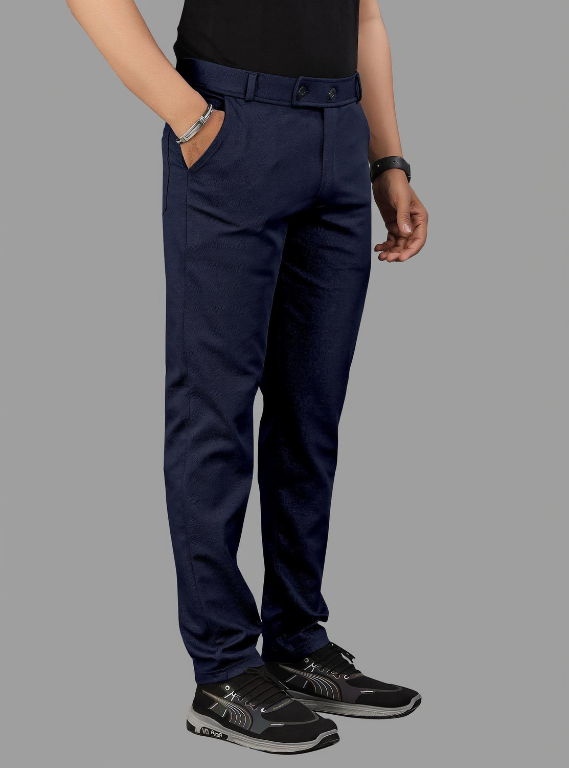 Image of COMBRAIDED Men Slim Fit Brown, White Lycra Blend Trousers