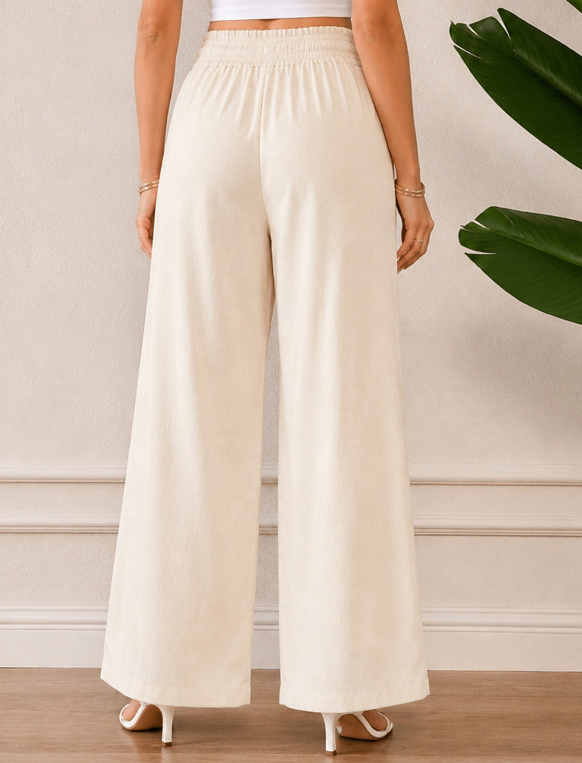 Image of RichWear Women Relaxed, Comfort Fit Cream Linen Blend Trousers