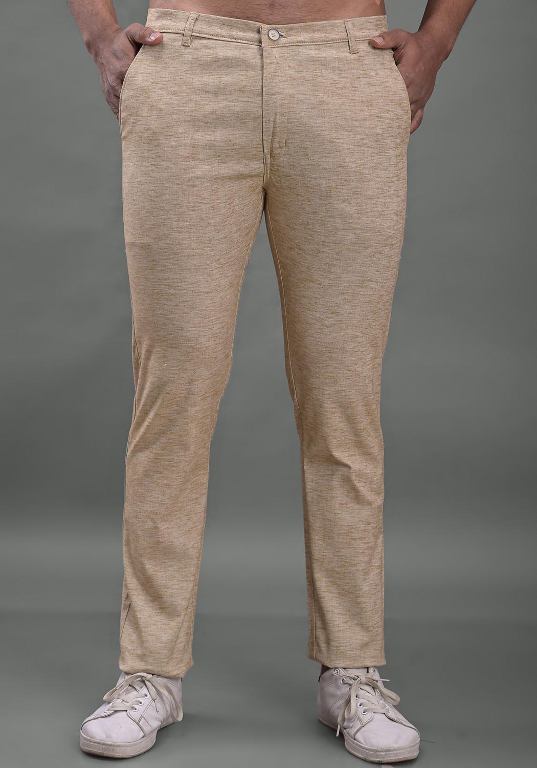 Image of Markle Moro Men Slim Fit Beige Cotton Blend Trousers