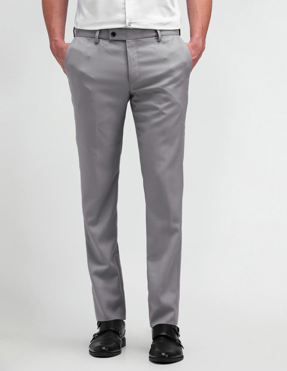 Image of Arrow Newyork Men Slim Fit Grey Polyester Trousers