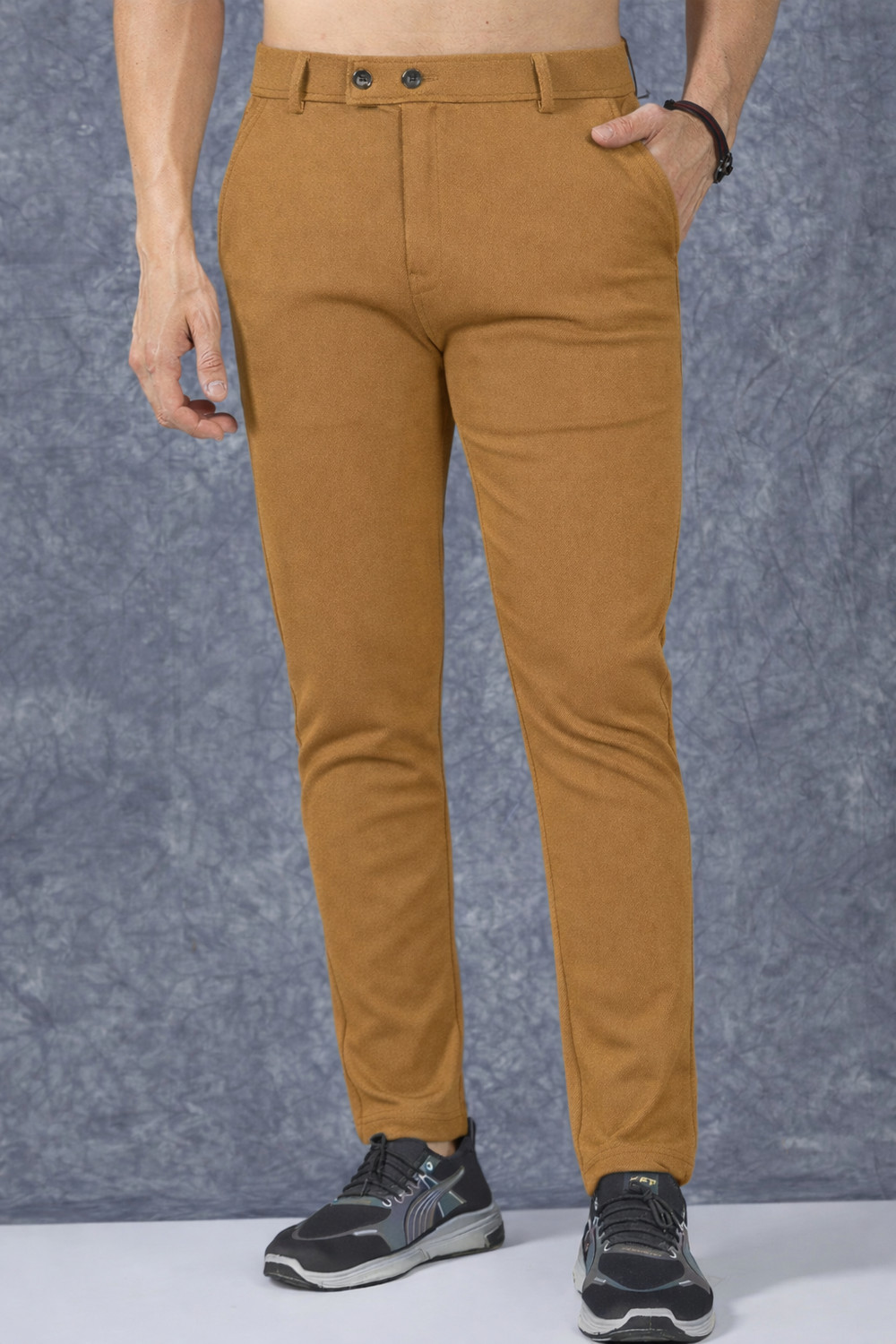 Image of COMBRAIDED Men Slim Fit Brown, White Lycra Blend Trousers