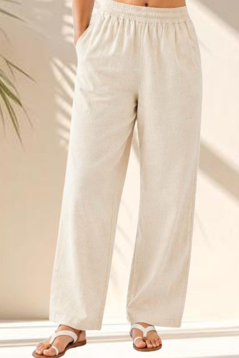 Image of RichWear Women Relaxed, Comfort Fit Cream Linen Blend Trousers