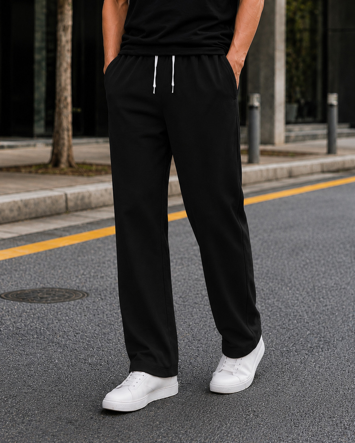 Image of COMBRAIDED Men Loose Fit Black Corduroy Trousers