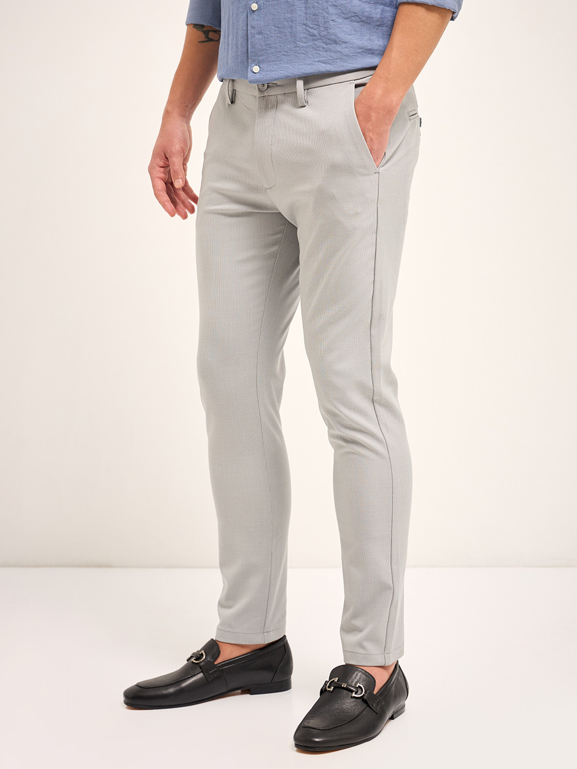 Image of THE BEAR HOUSE Men Slim Fit Grey Polyester Trousers