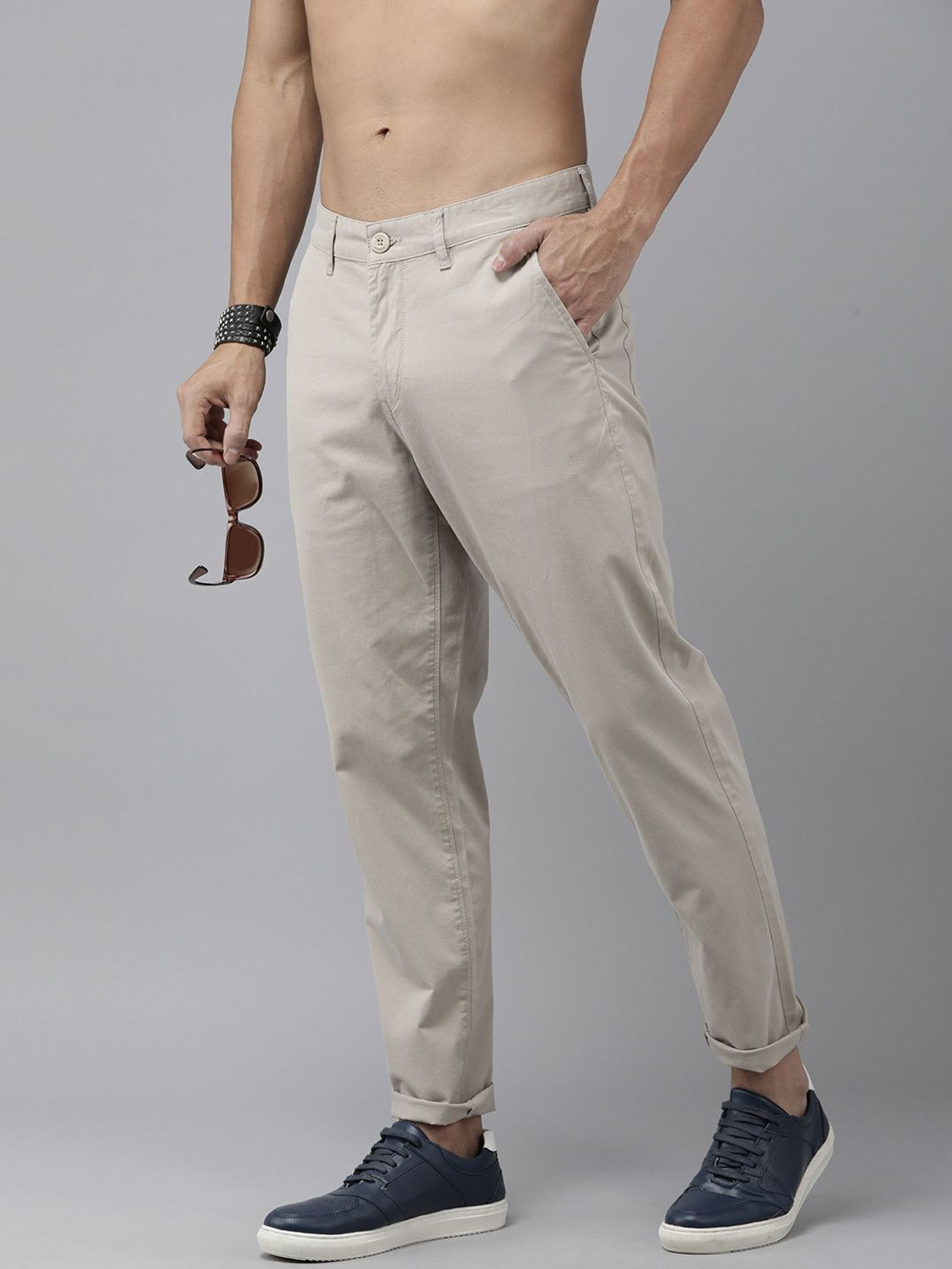 Image of Mast & Harbour Men Regular Fit White Cotton Blend Trousers