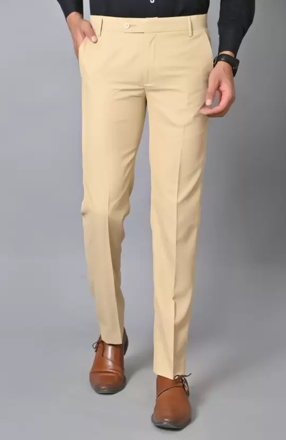 Image of Hoomu Men Regular Fit Beige Cotton Blend Trousers