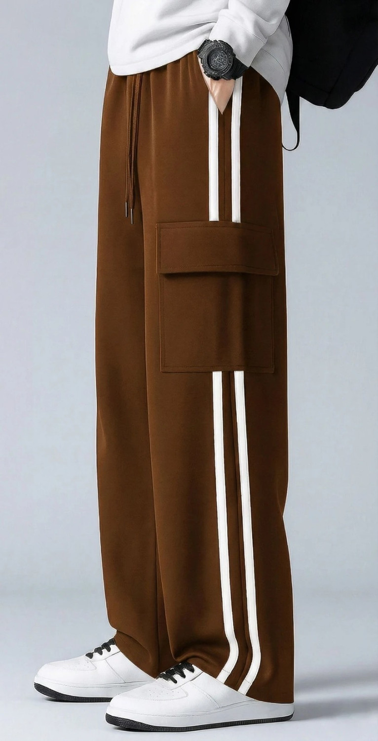 Image of COMBRAIDED Men Loose Fit Brown Lycra Blend Trousers