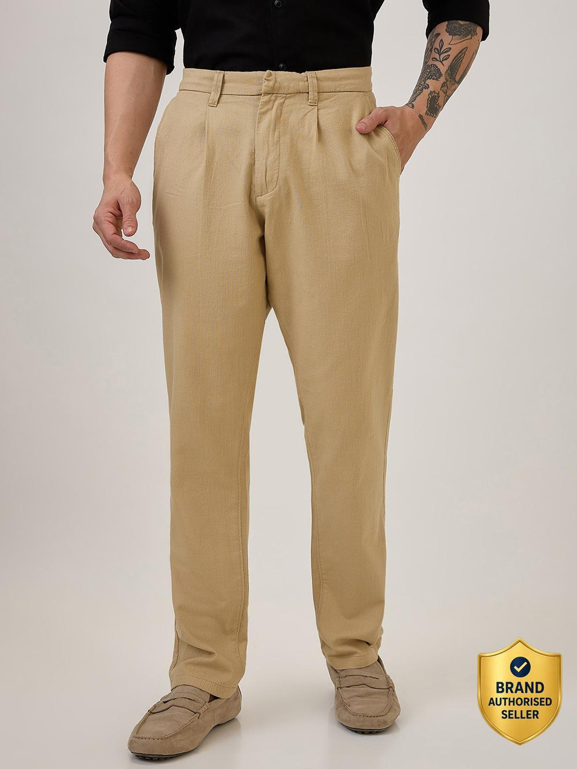 Image of Spykar Men Khaki Lycra Blend Trousers