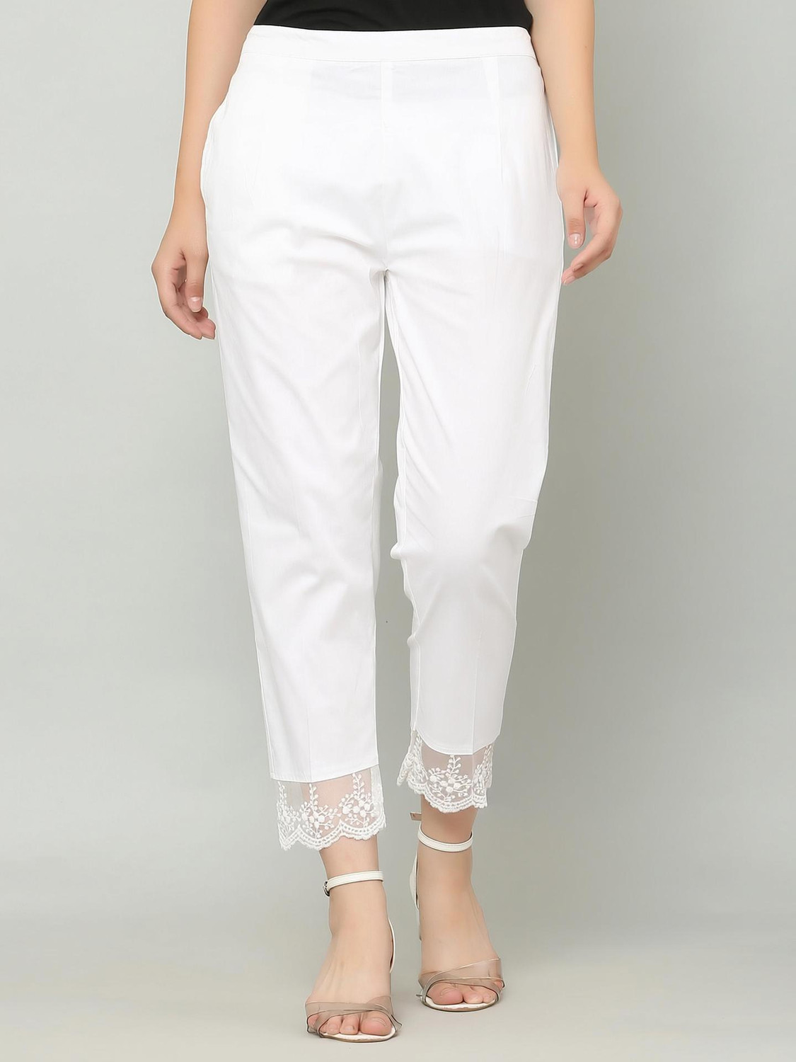 Image of Shopbering Women Straight Fit White Cotton Blend Trousers