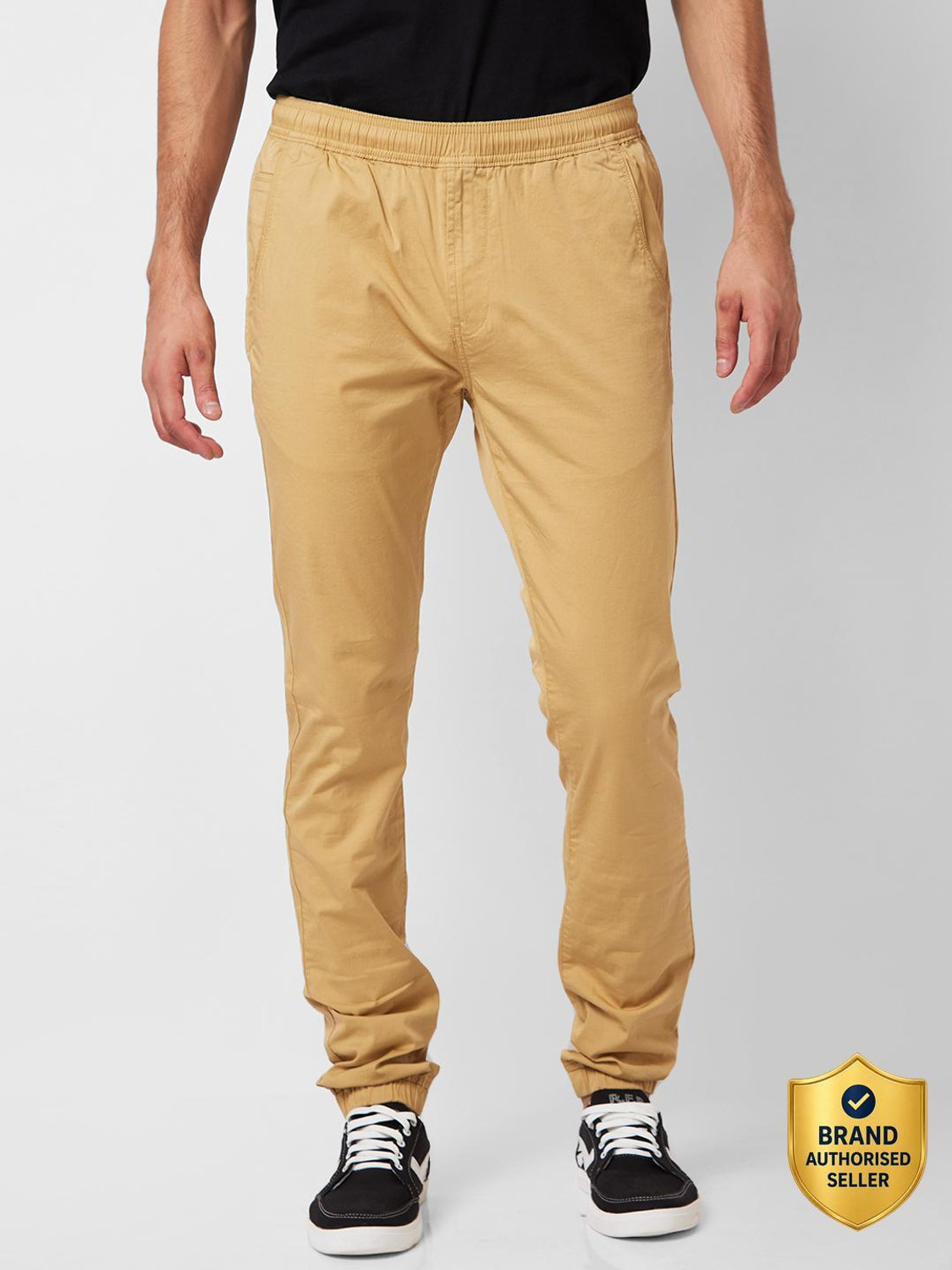 Image of Spykar Men Khaki Lycra Blend Trousers