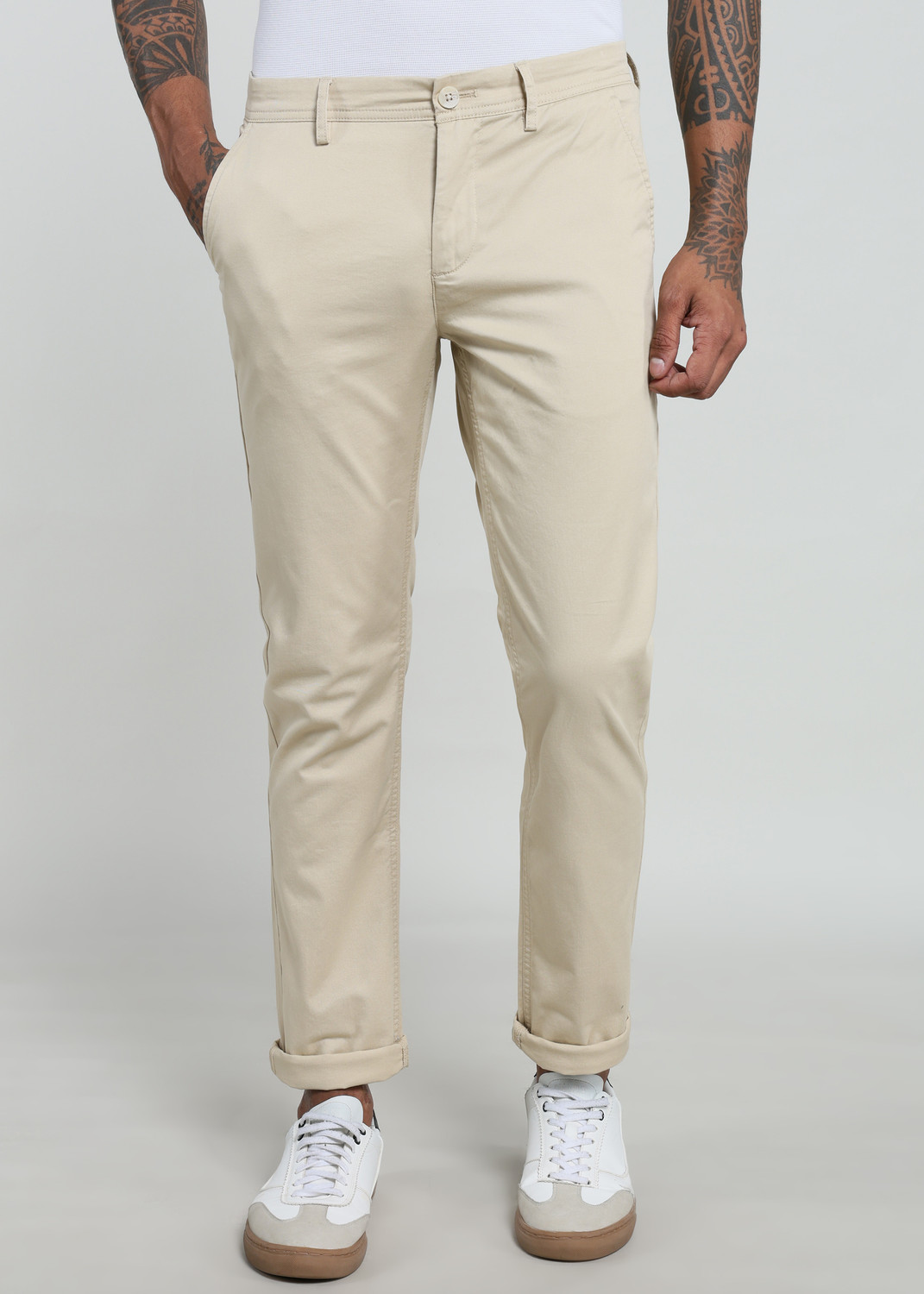Peter England Men Relaxed Cream Cotton Trousers - Image 1