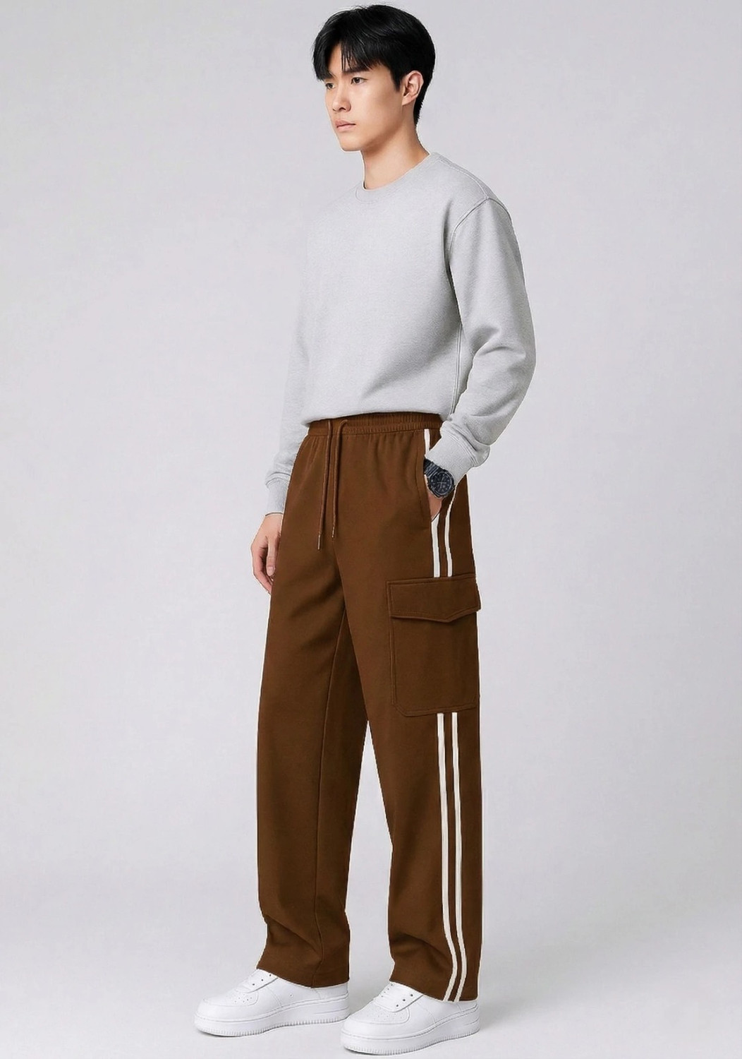 Image of COMBRAIDED Men Loose Fit Brown Lycra Blend Trousers