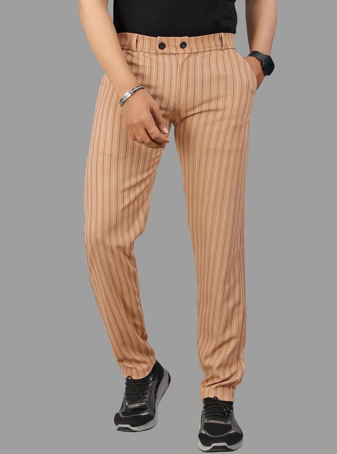 Image of COMBRAIDED Men Slim Fit Brown, White Lycra Blend Trousers
