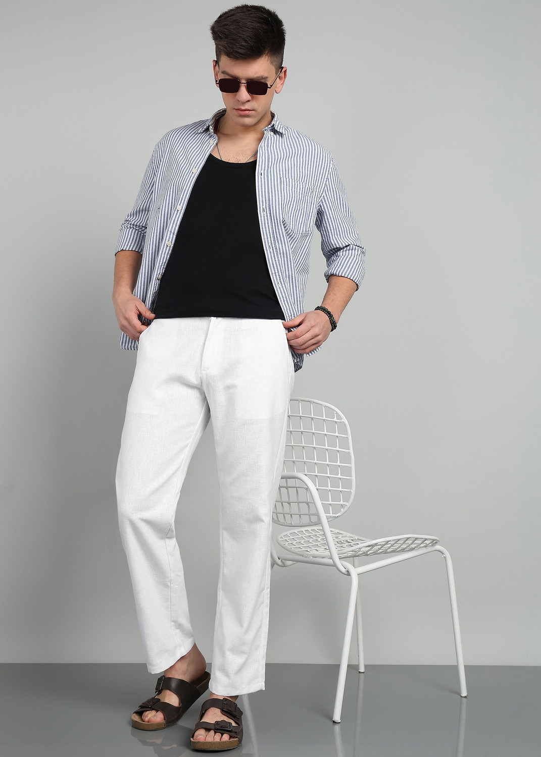Image of AARTENTERPRISE Men Regular Fit White Linen Blend Trousers