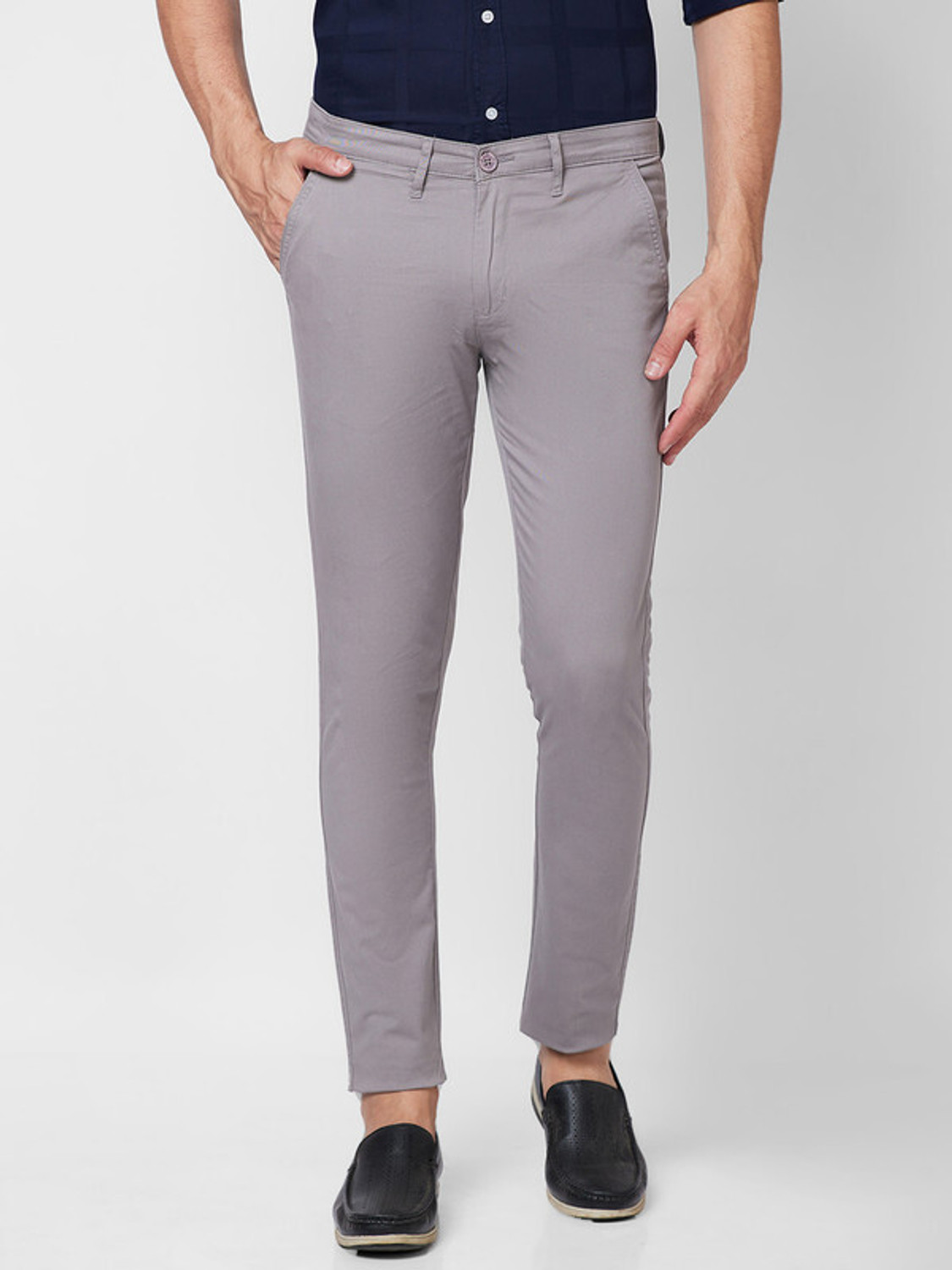 Image of GIORDANO Men Slim Fit Blue Cotton Blend Trousers