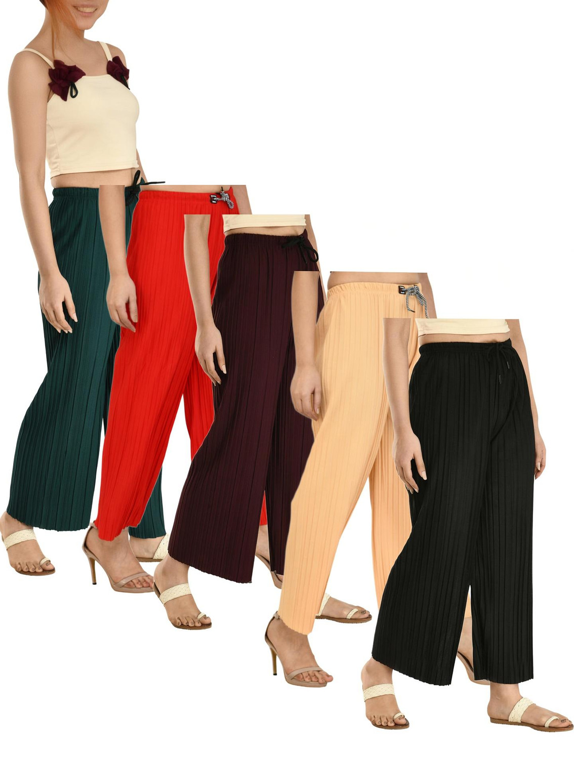 Image of Silver Creation Pack of 5 Women Relaxed Multicolor Lycra Blend Trousers