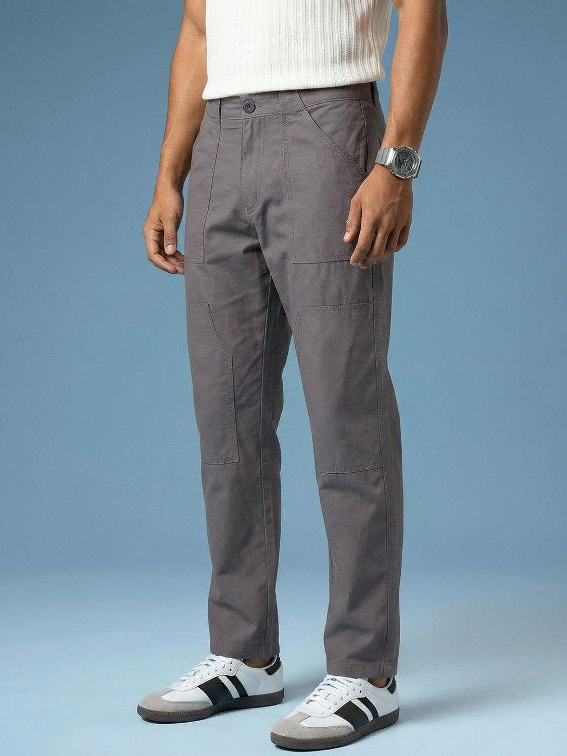 Image of Mast & Harbour Men Regular Fit White Cotton Blend Trousers