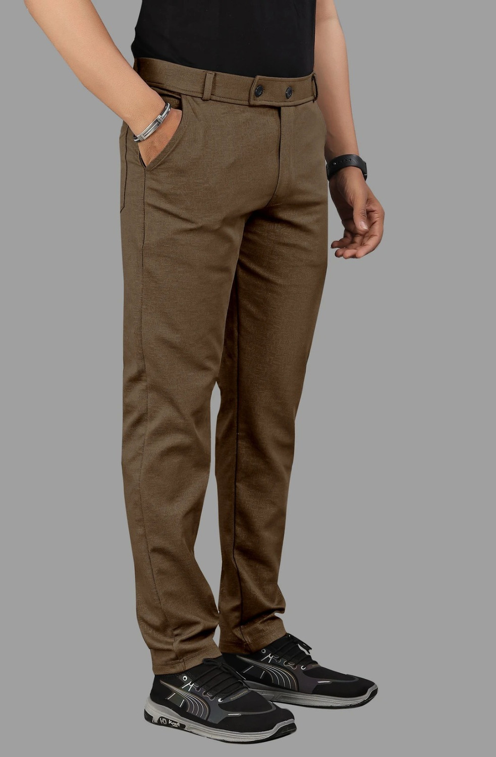 Image of COMBRAIDED Men Slim Fit Brown, White Lycra Blend Trousers