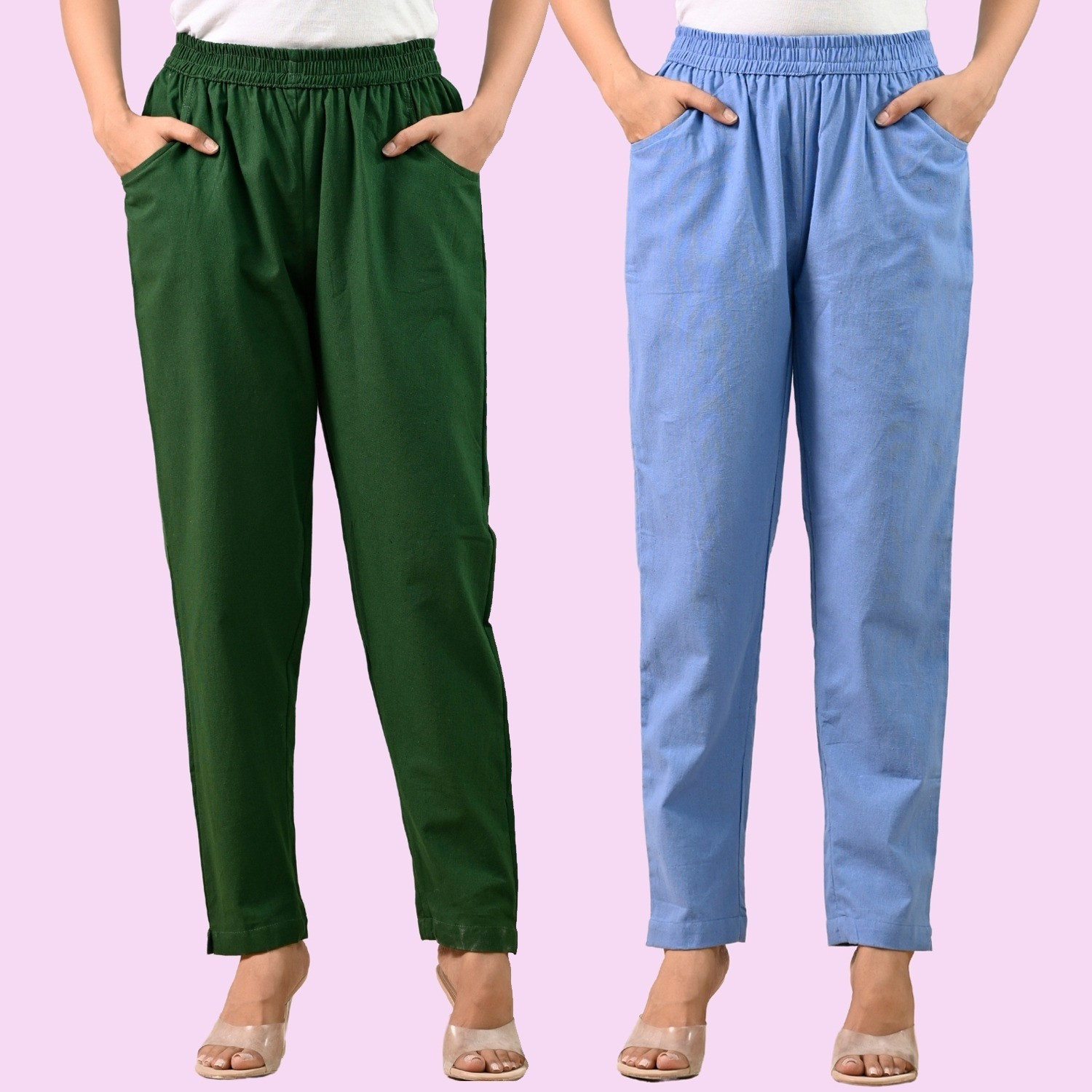 Image of clugenix Women Slim Fit Dark Green Cotton Blend Trousers
