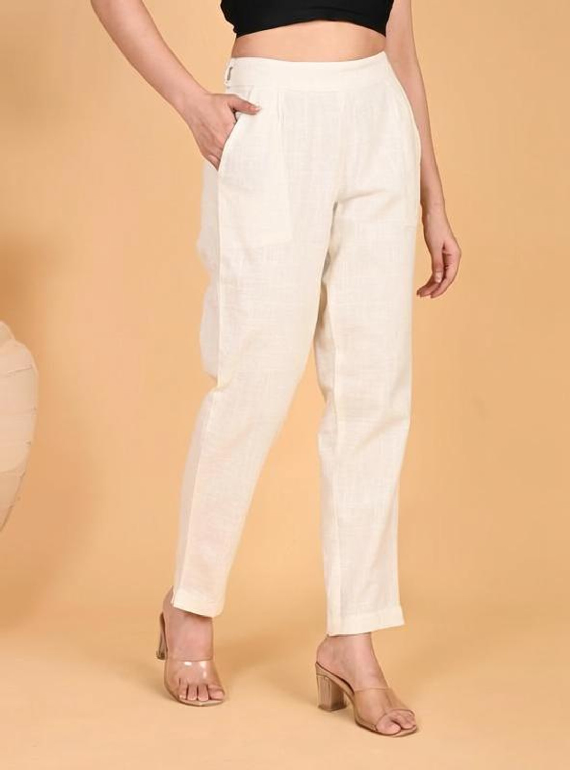 Image of Shopbering Women Straight Fit White Cotton Blend Trousers