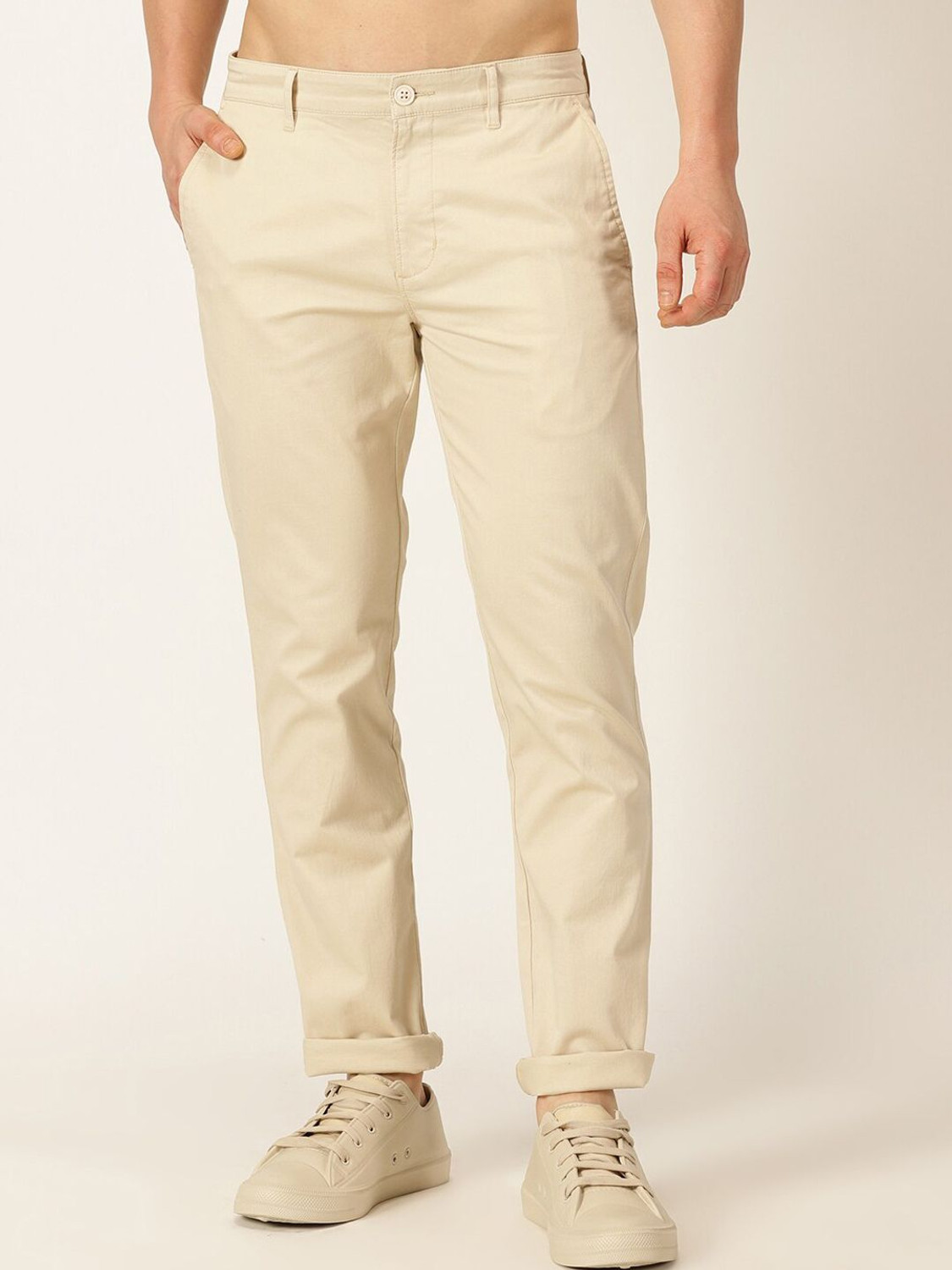 Image of Mast & Harbour Men Regular Fit White Cotton Blend Trousers