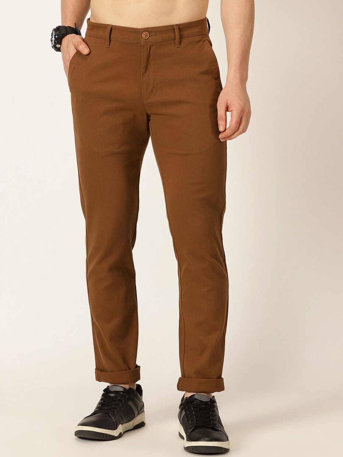 Image of Mast & Harbour Men Regular Fit White Cotton Blend Trousers