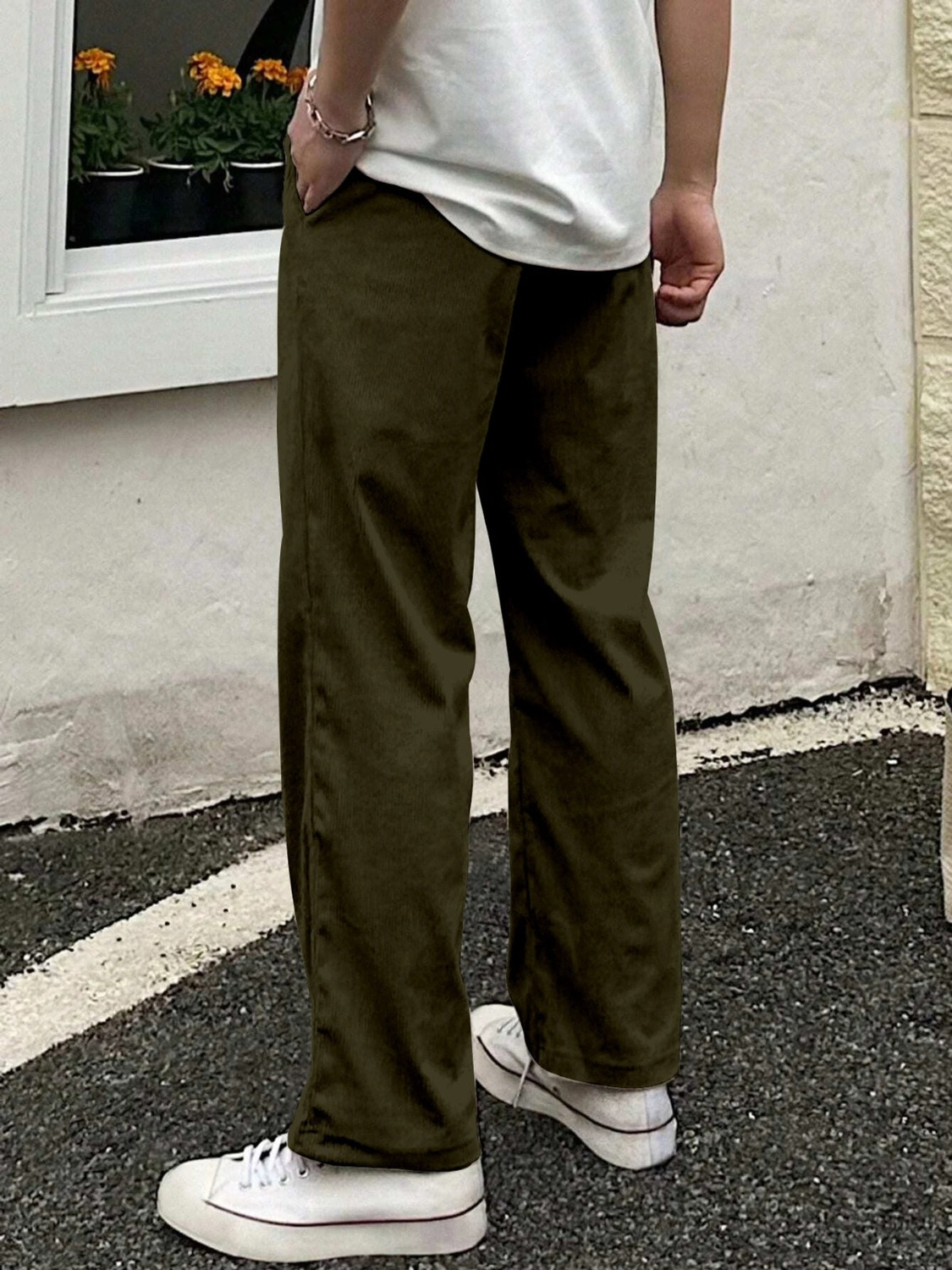 Image of COMBRAIDED Men Loose Fit Green Corduroy Trousers
