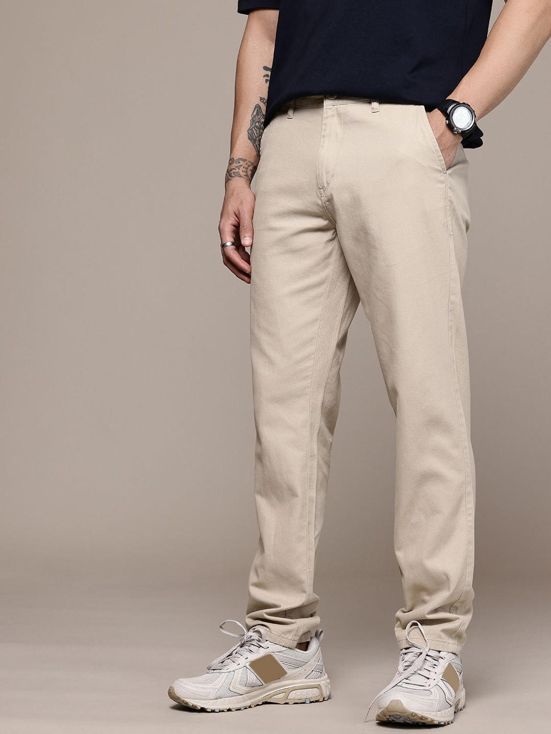 Image of Roadster Pack of 3 Men Regular Fit Multicolor Cotton Blend Trousers
