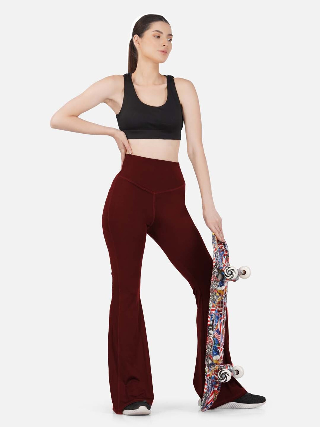 Image of IMPERATIVE by NEU LOOK Women Flared Maroon Lycra Blend Trousers