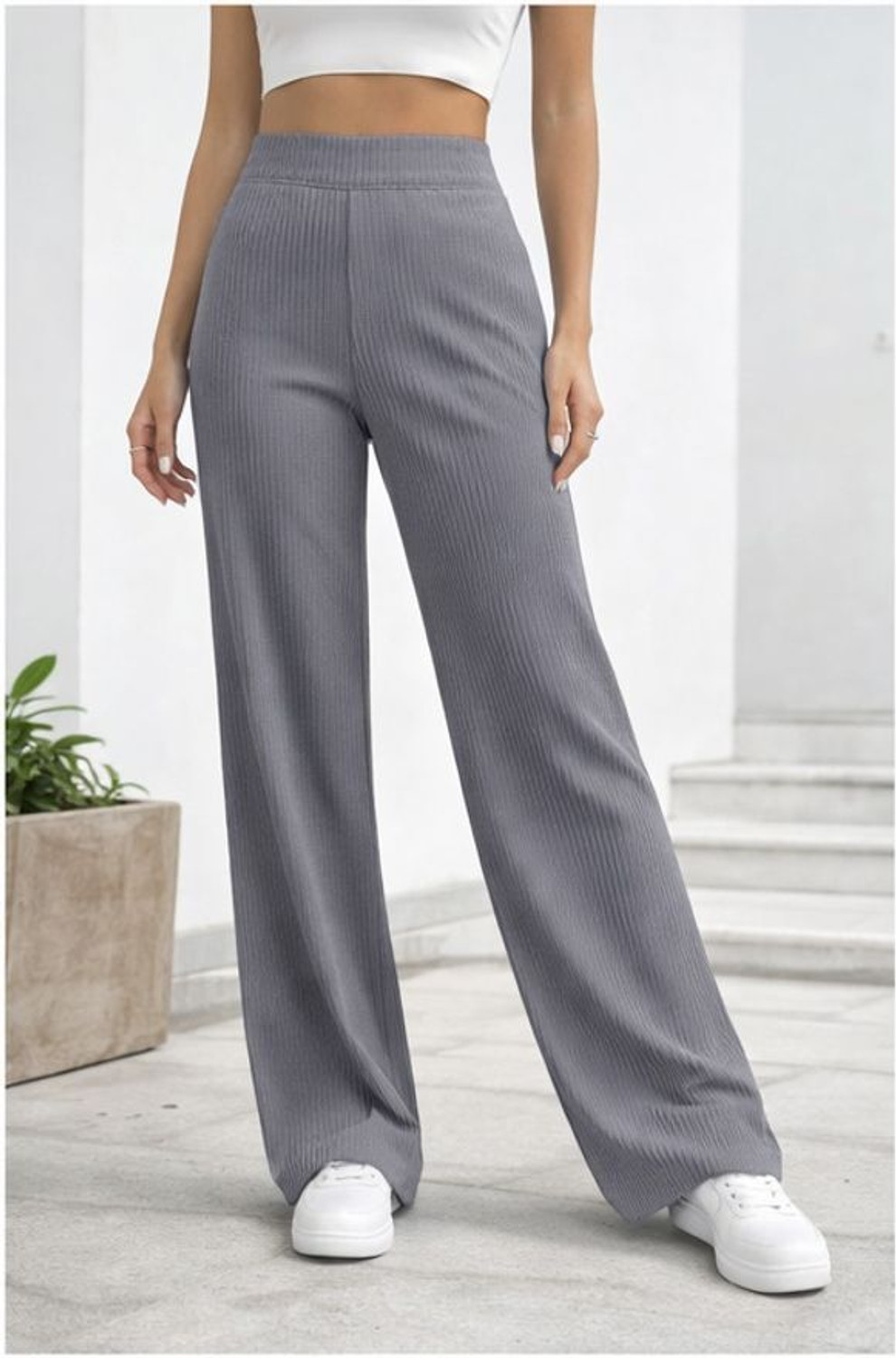 Image of L Fashion Fashion Women Flared Grey Polyester Trousers