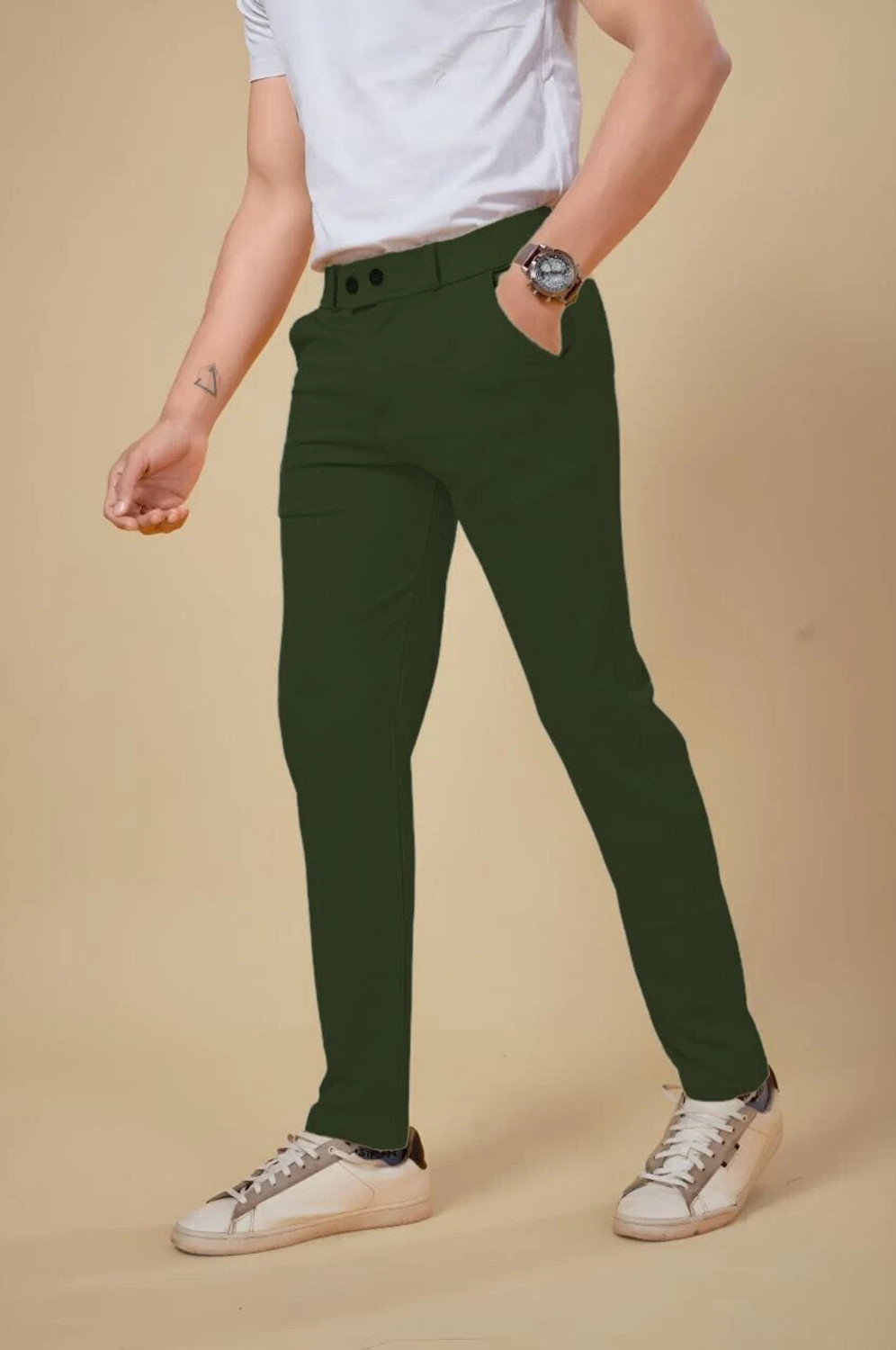 Image of Marmic Fab Men Comfort Fit Green Lycra Blend Trousers