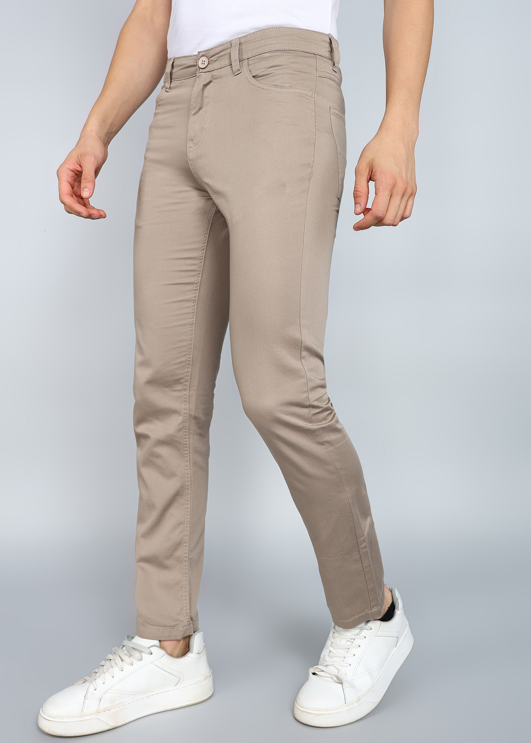 Image of PROVOGUE Men Slim Fit Beige Pure Cotton Trousers